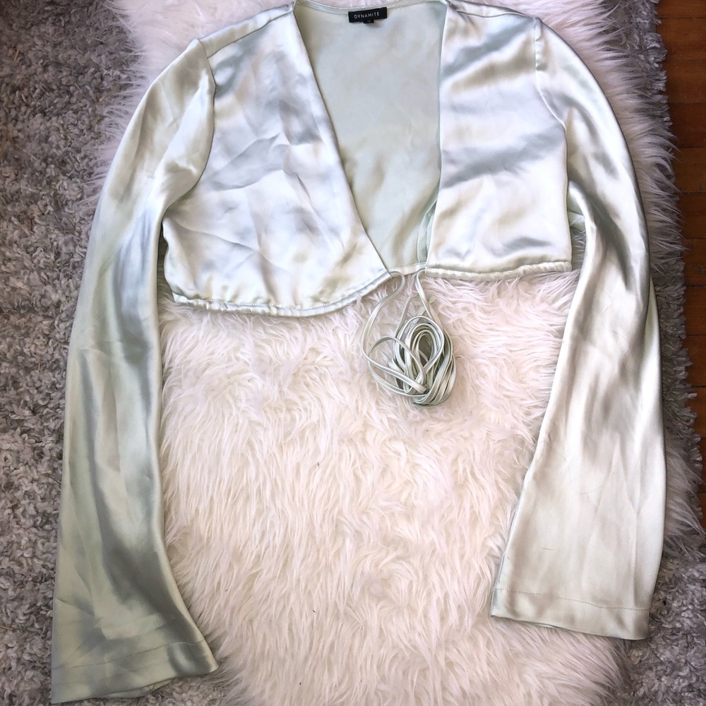 Dynamite Pastel Green Satin Wrap Top - Picture 4 of 12